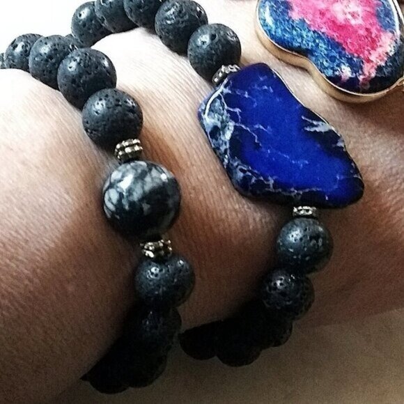 Blue Sea Sediment Jasper + Lava Beads Bracelet - Large Men's Bracelet 8.5" Wrist - Picture 11 of 11